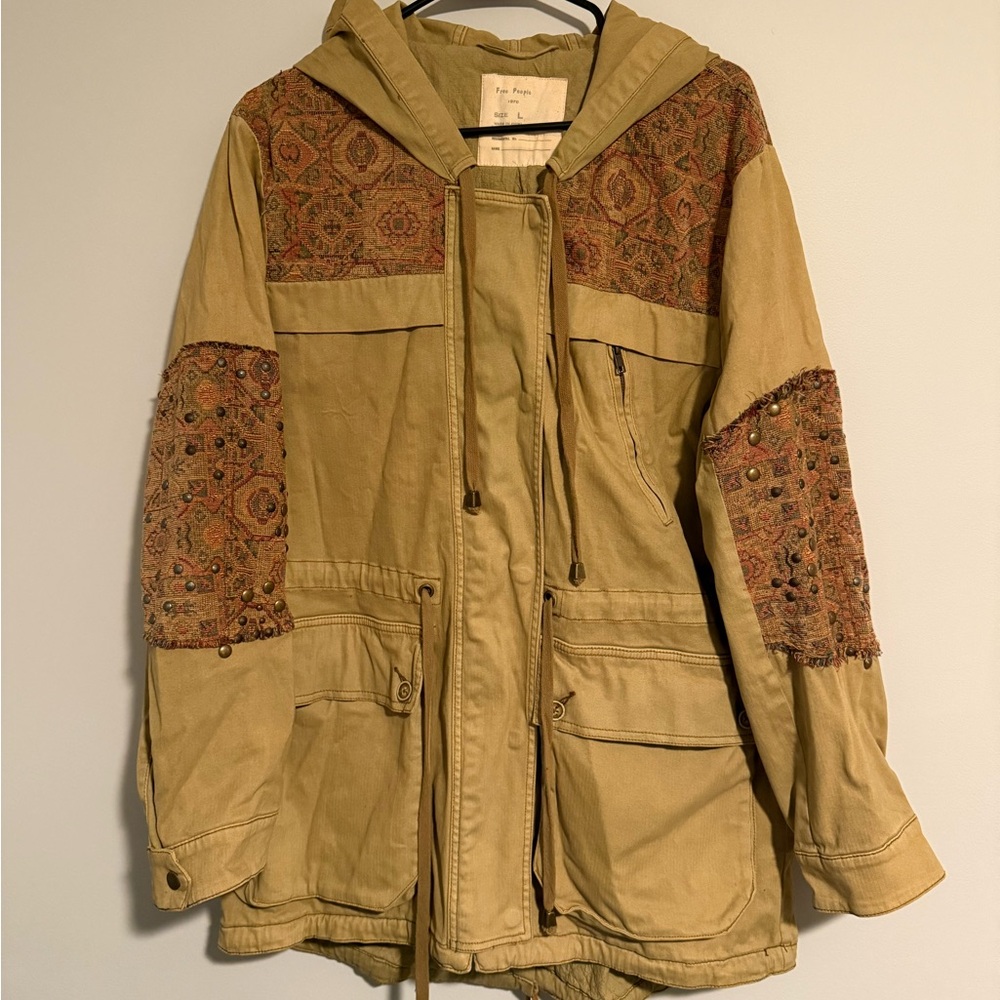 Free People Tan Utility Jacket with Tapestry accents